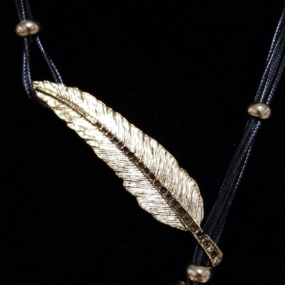 Black Leather Insipired Gold Pendant Necklace - Picture 4 of 7